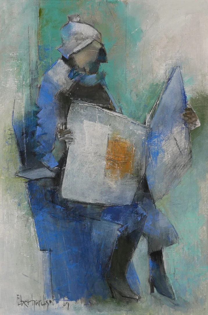 EBBE EBERHARDSON. Kvinna läser tidning, olja på platta, signerad och daterad. — Paintings — Auktionsfirma Kenneth Svensson i Kalmar