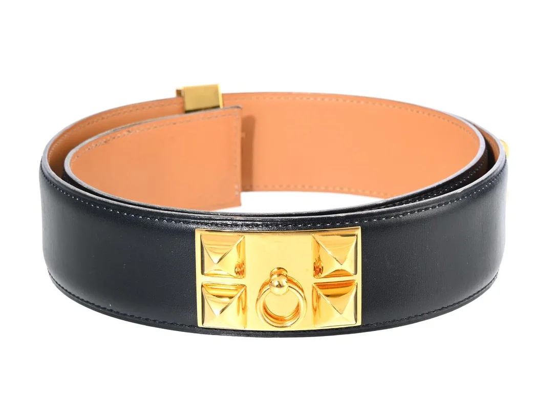 BÄLTE, HERMÈS, Vintage Collier de Chien Belt, svart läder, guldfärgade beslag, stl 80, bredd 3,5 cm, dustbag. — Accessoarer/Bälten — Kaplans