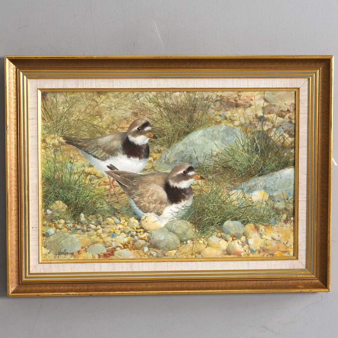 OIDENTIFIERAD KONSTNÄR. Olja på pannå, "Strandpipare", signerad. — Paintings — Örebro Stadsauktioner