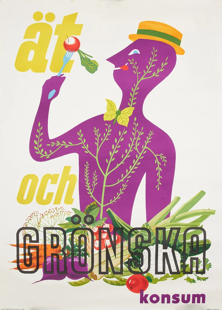 AFFISCH. Konsum, "ät och grönska", Olle Svenssons reklamateljé, 1960 tal. — Advertising & Signs — Stockholms Auktionsverk Sickla
