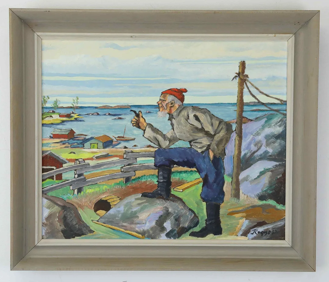 RAGNAR "RAGGE" NORDIN. olja på pannå, Skärgårdsmotiv, Hudiksvall, signerad, daterad 52. — Paintings — Hälsinglands Auktionsverk