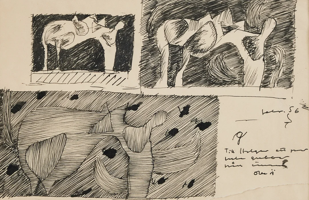 OLLE ÄNGKVIST. Figurkompositioner, tusch på papper, med dedikation. — Paintings — Stockholms Auktionsverk Magasin 5