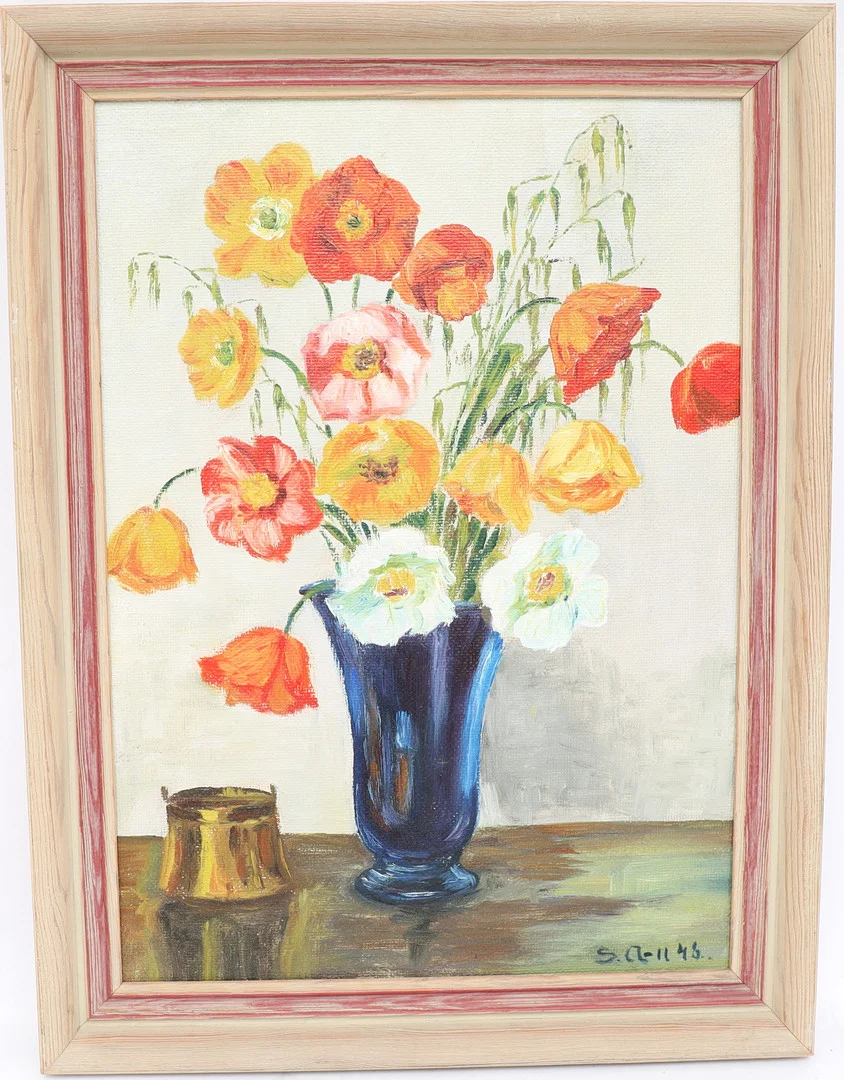 OIDENTIFIERAD KONSTNÄR. Stilleben med blomster, oljemålning på pannå, signerad. — Paintings — Falun Auktionsbyrå