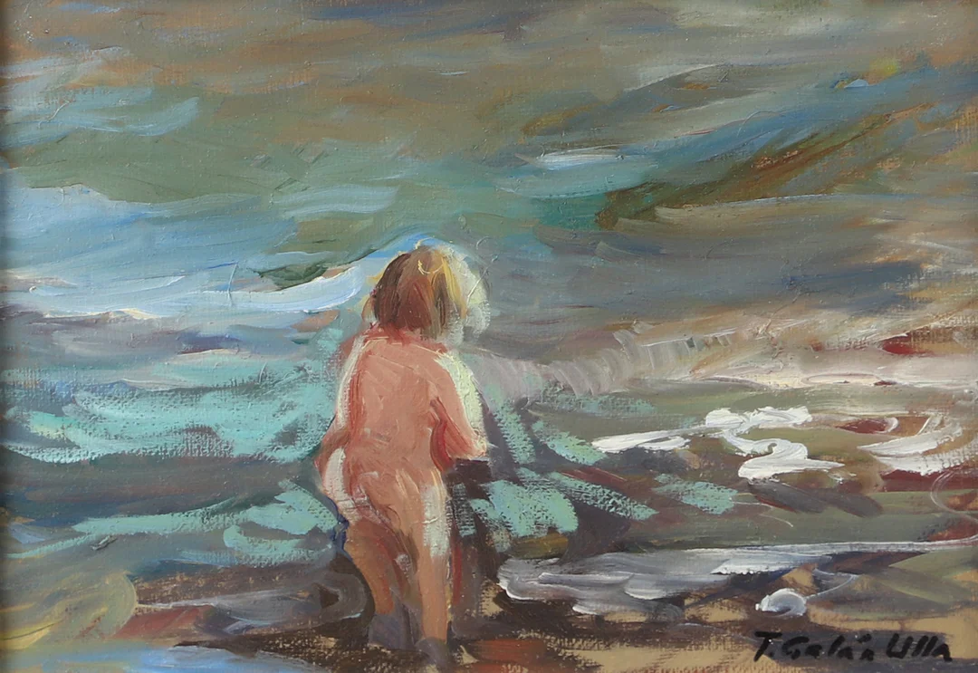 TEOFILO GALÁN ULLA. Badande vid strnadent, olja på duk, signerad. — Paintings — Helsingborgs Auktionskammare