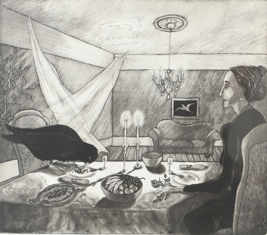 HELEN REX. "Måltid", etsning, signerad 1979. — Engravings & Prints — Helsingborgs Auktionskammare
