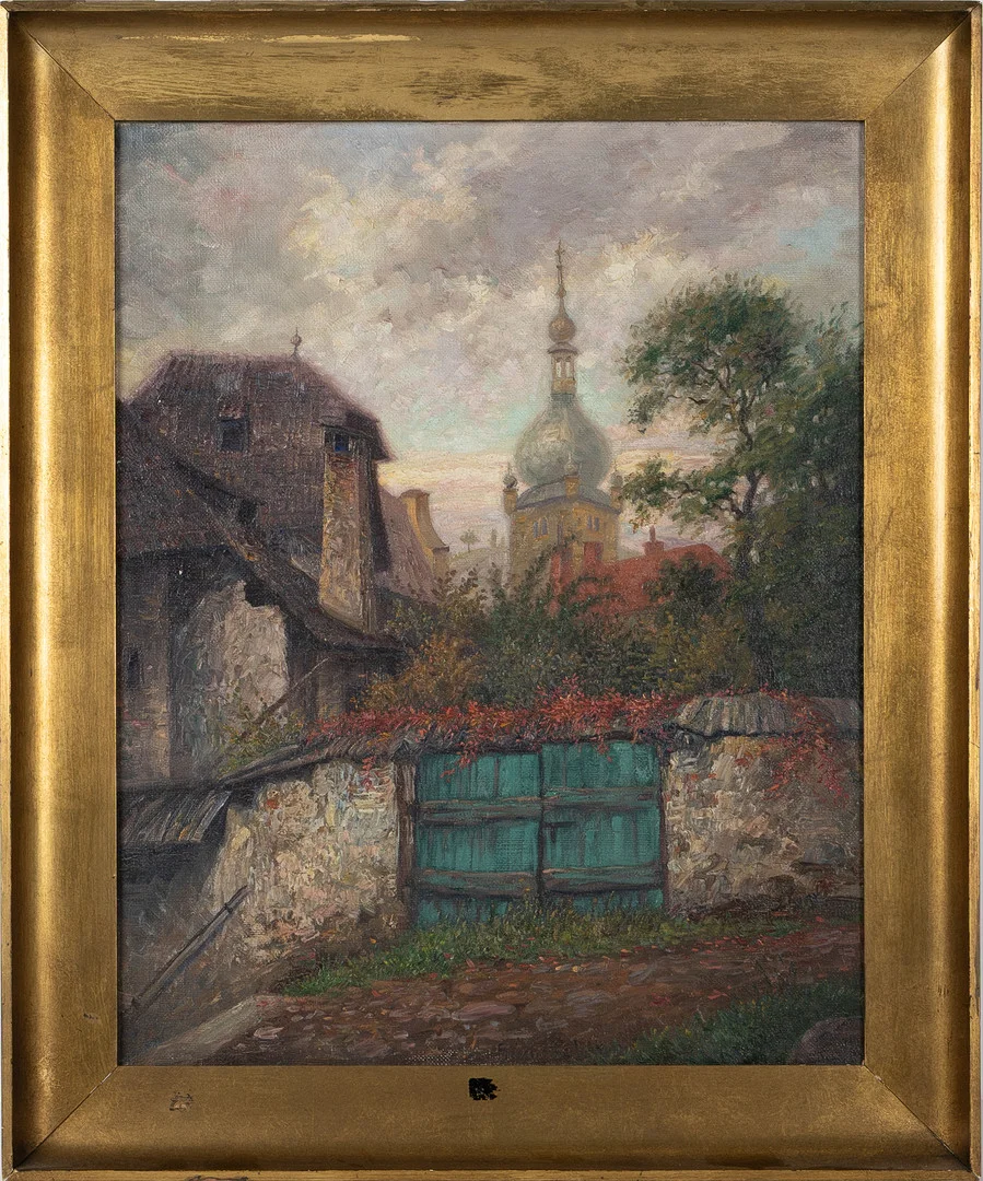 ROBERT HUGO JÄCKEL (1872-1952). Bymotiv med kyrka, olja på duk. — Paintings — Stockholms Auktionsverk Helsingborg