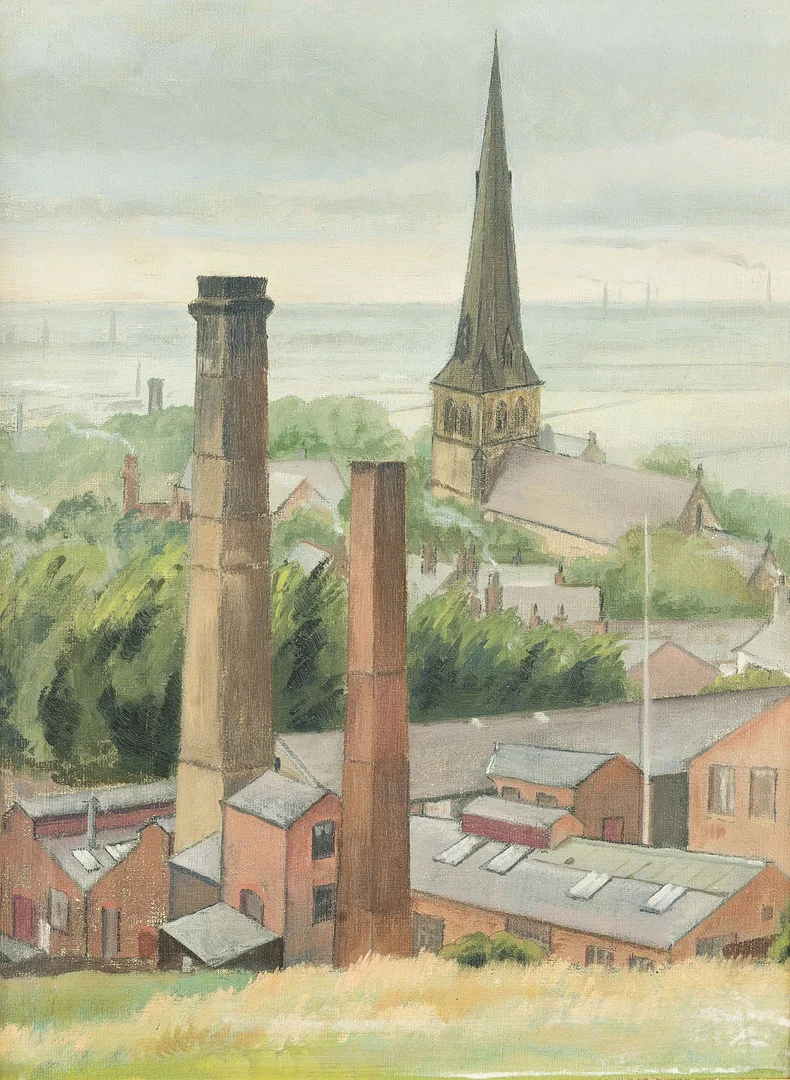 BRITISH SCHOOL (20TH CENTURY), INDUSTRIAL TOWN LANDSCAPE, OIL ON BOARD. — Paintings — Griffin’s Auctioneers