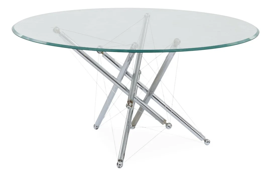 Theodore Waddell: Circular coffee table with geometrical frame of chromed steel and wires, top of clear glass. — Modern Furniture — Bruun Rasmussen
