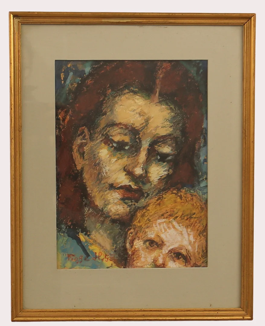 FIGGE HOLMGREN. Pastell , kvinna med barn, signerad Figge, daterad 1959. — Paintings — Limhamns Auktionsbyrå