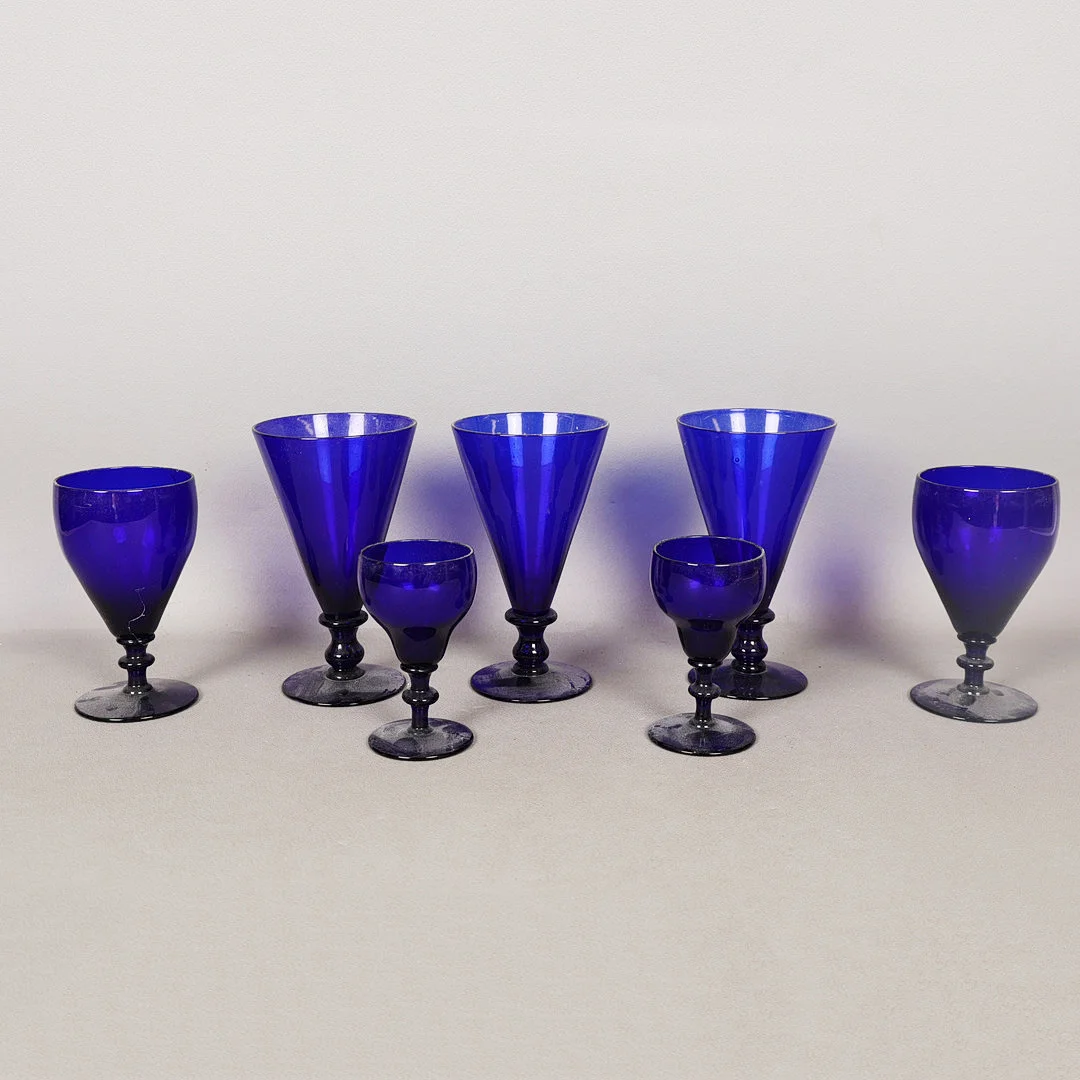 SEVEN 19TH CENTURY 'BRISTOL BLUE' GLASSES (7). — Art glass — Bishop & Miller