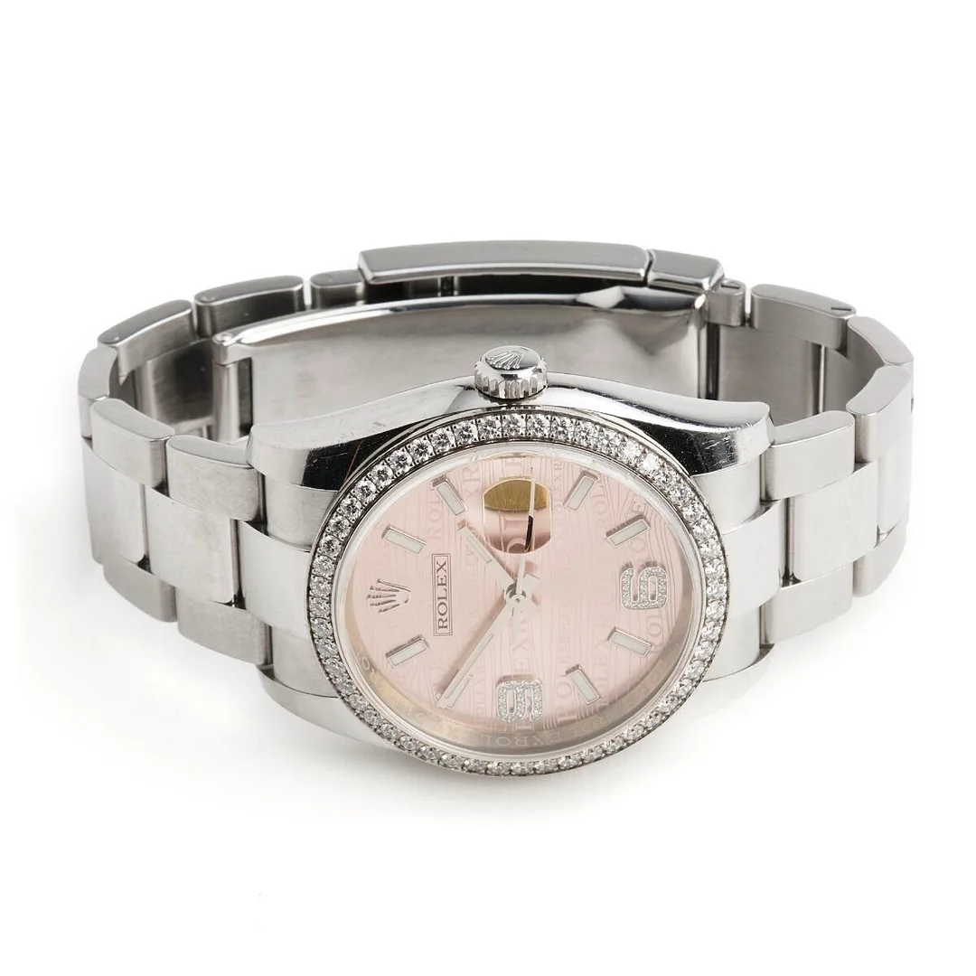 Datejust 36 of steel, ref. 116244. Mechanical movement with automatic winding and date, cal. 3135. 2010s. Bezel and dial set with numerous diamonds. Rare “Rolex Rolex” dial. “Oyster” bracelet of steel. Circumference approximately 16 cm. Ø 36 mm. — Clocks & watches/Wristwatches — Bruun Rasmussen
