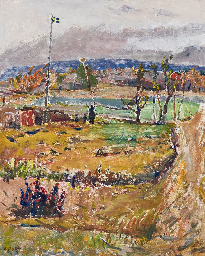 ALEXANDER ROOS (Sverige, 1895-1973), Högtid, flaggdag, signerad A.Roos, olja på pannå. — Paintings — Crafoord Auktioner Stockholm
