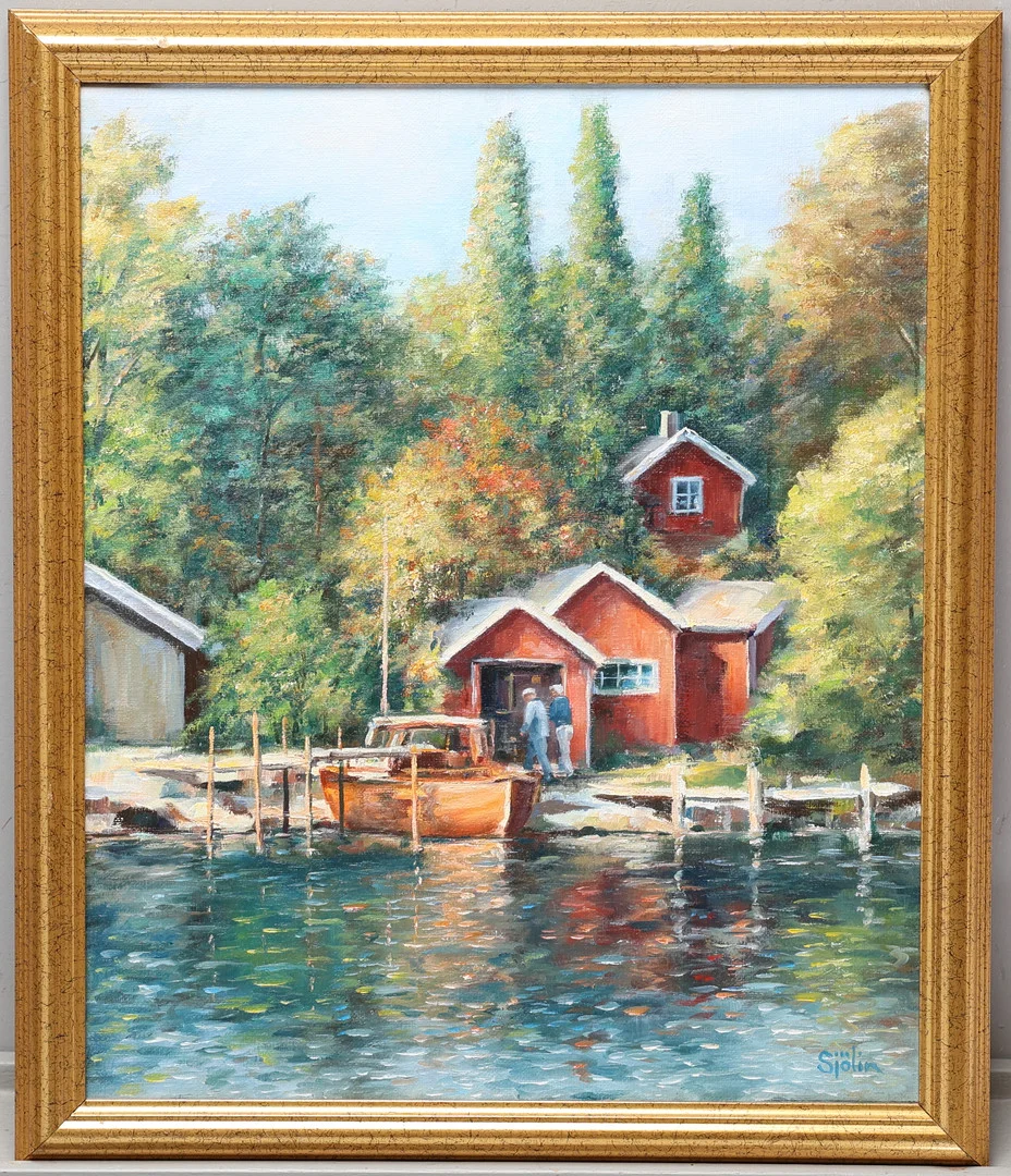 LENNART SJÖLIN. Olja på duk, "Sjöbodar vid Vättern", signerad. — Paintings — Gomér & Andersson Jönköping