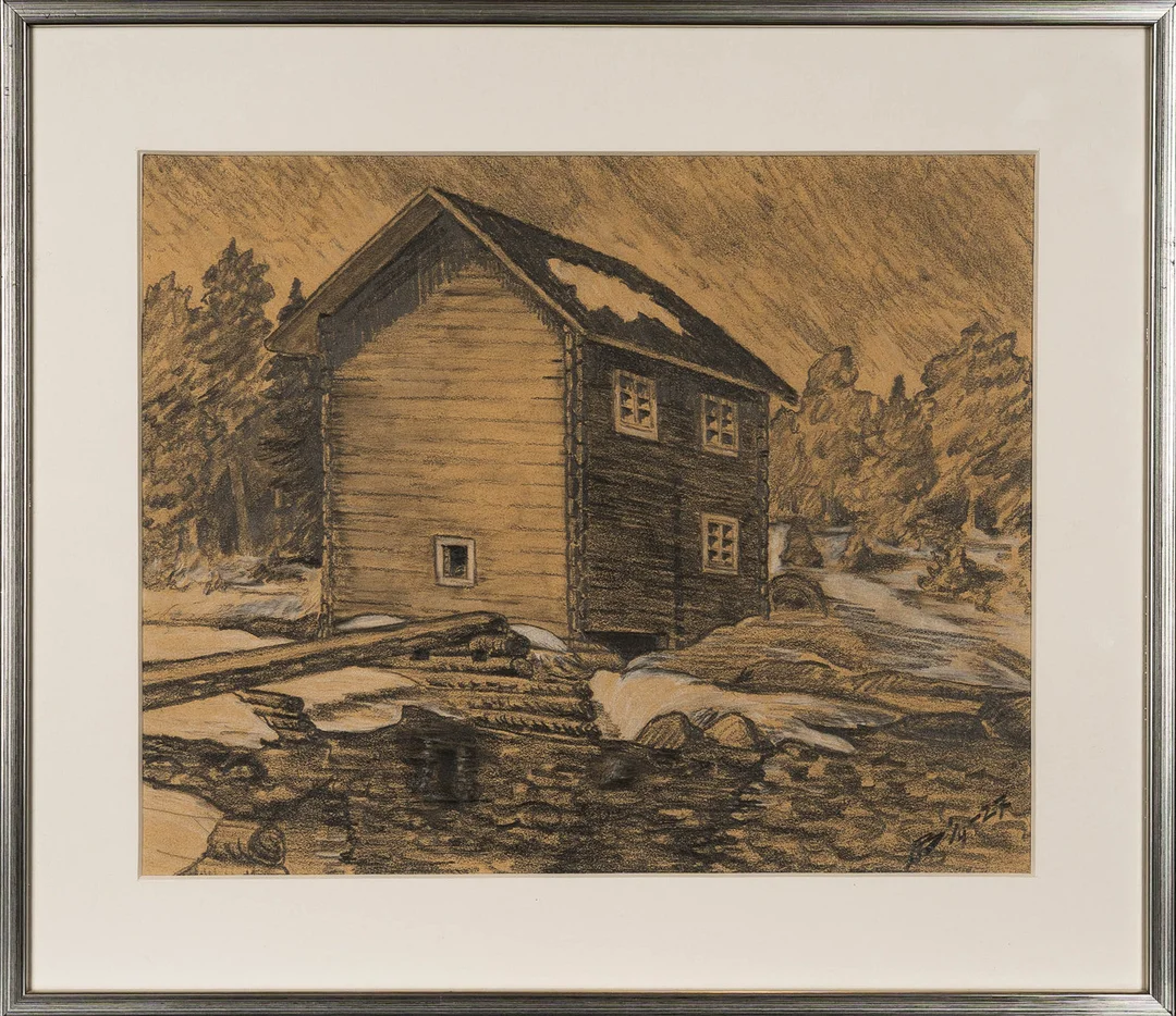 OIDENTIFIERAD KONSTNÄR. Blyerts på papper, Hus i landskap, Signerad och daterad 1927. — Drawings — Norrlands Auktionsverk