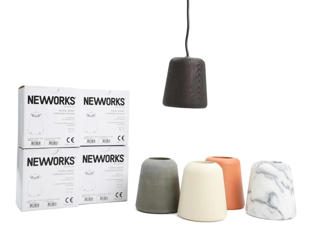 Christian Nørgaard, Martin Kechayas: “Material pendant”. Five pendant with concrete, marble, oak a.o. shades. H. 14. Diam. 13 cm. (5) — Modern Lighting — Bruun Rasmussen