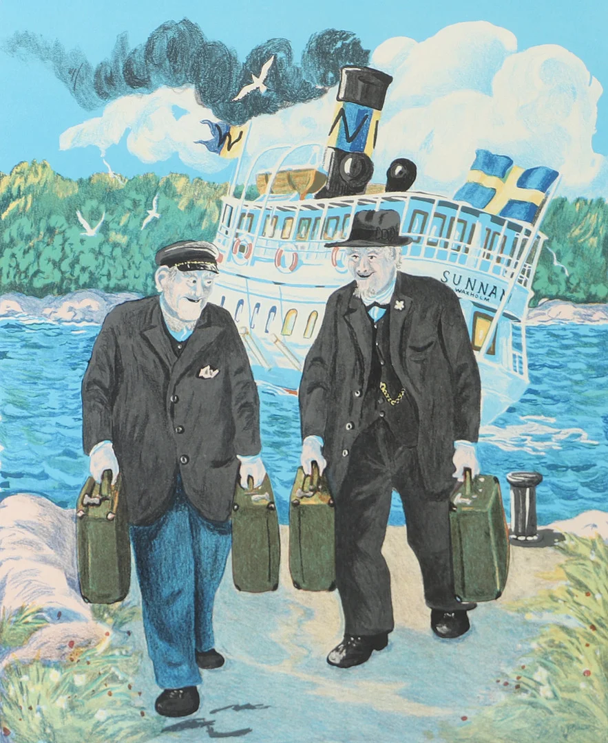 BERT-HÅGE HÄVERÖ. Gubbar med resväskor, färglitografi, signerad -78. — Engravings & Prints — Helsingborgs Auktionskammare