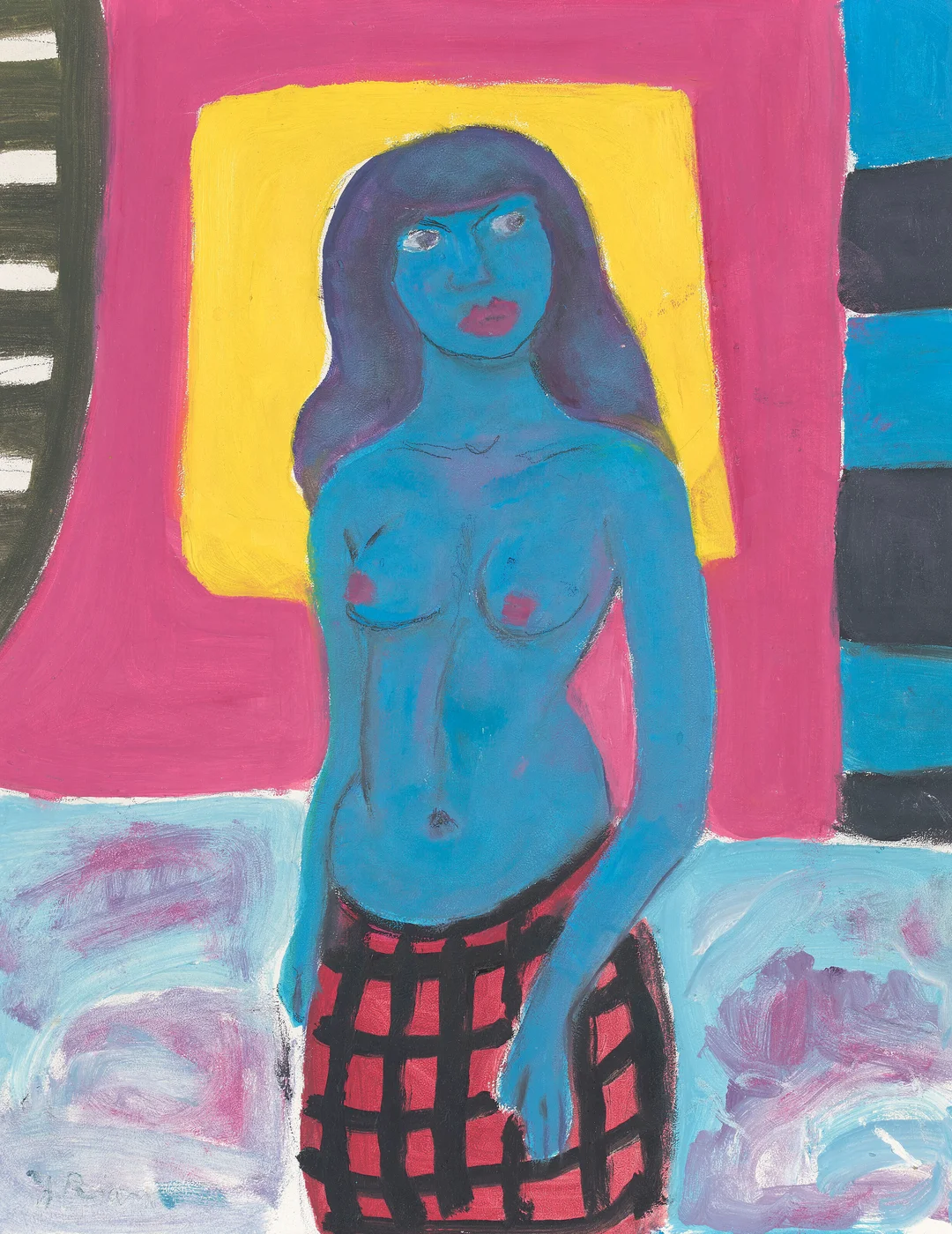 Rian, Johs. — Blå kvinne i rutet skjørt, trolig 1970-tallet — Kunst/Maleri — Blomqvist