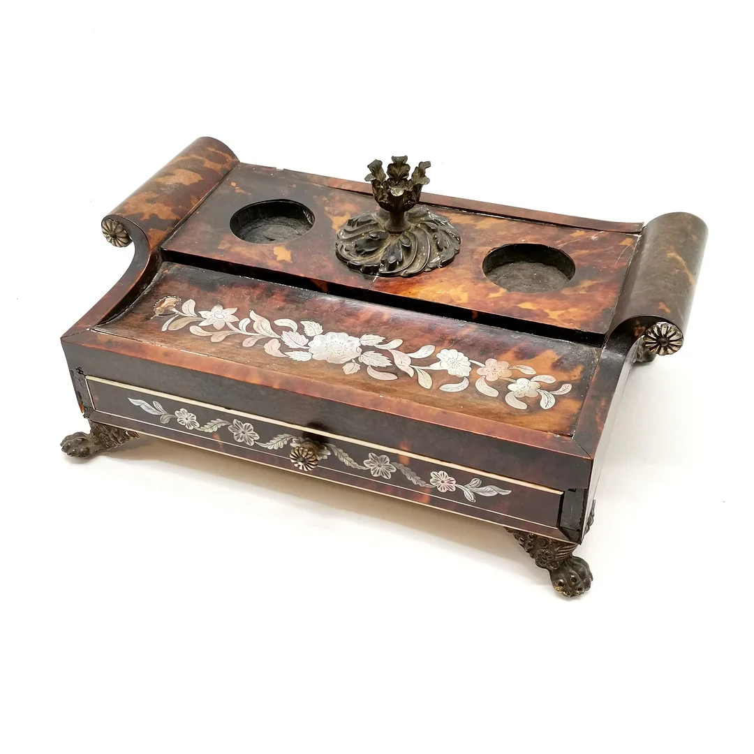 ANTIQUE REGENCY DESK STAND W/ TORTOISESHELL & MOTHER OF PEARL. — Miscellaneous — Acreman St Auctioneers & Valuers