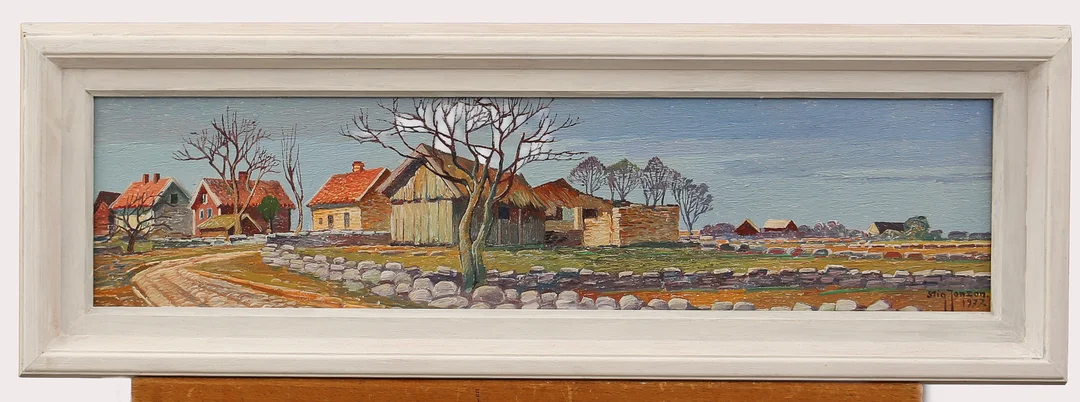 STIG JONZON. Olja på pannå, "Gamleby Persnäs, Öland" signerad, daterad 1977. — Paintings — Limhamns Auktionsbyrå