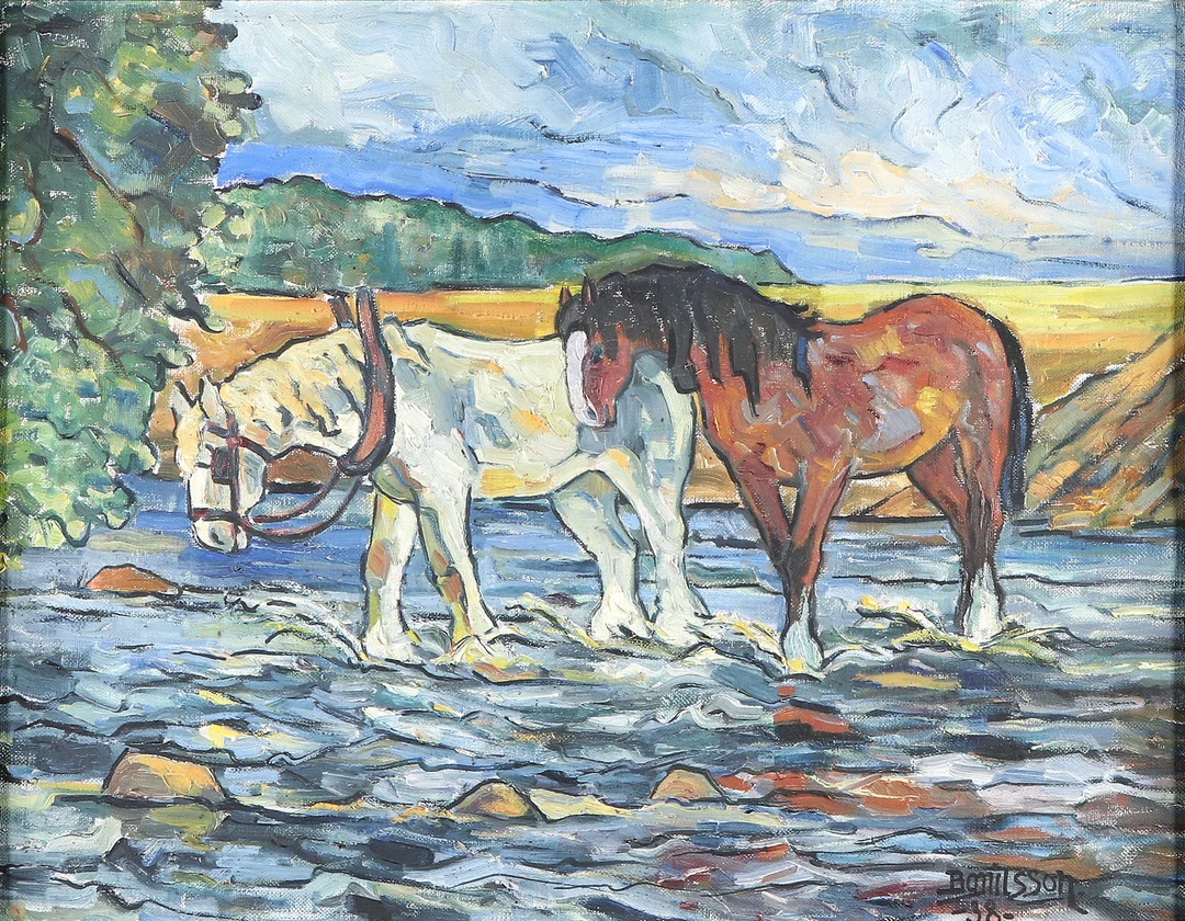 BO NILSSON. Oljemålning på duk. Hästar i landskap. Signerad. — Paintings — Skånes Auktionsverk