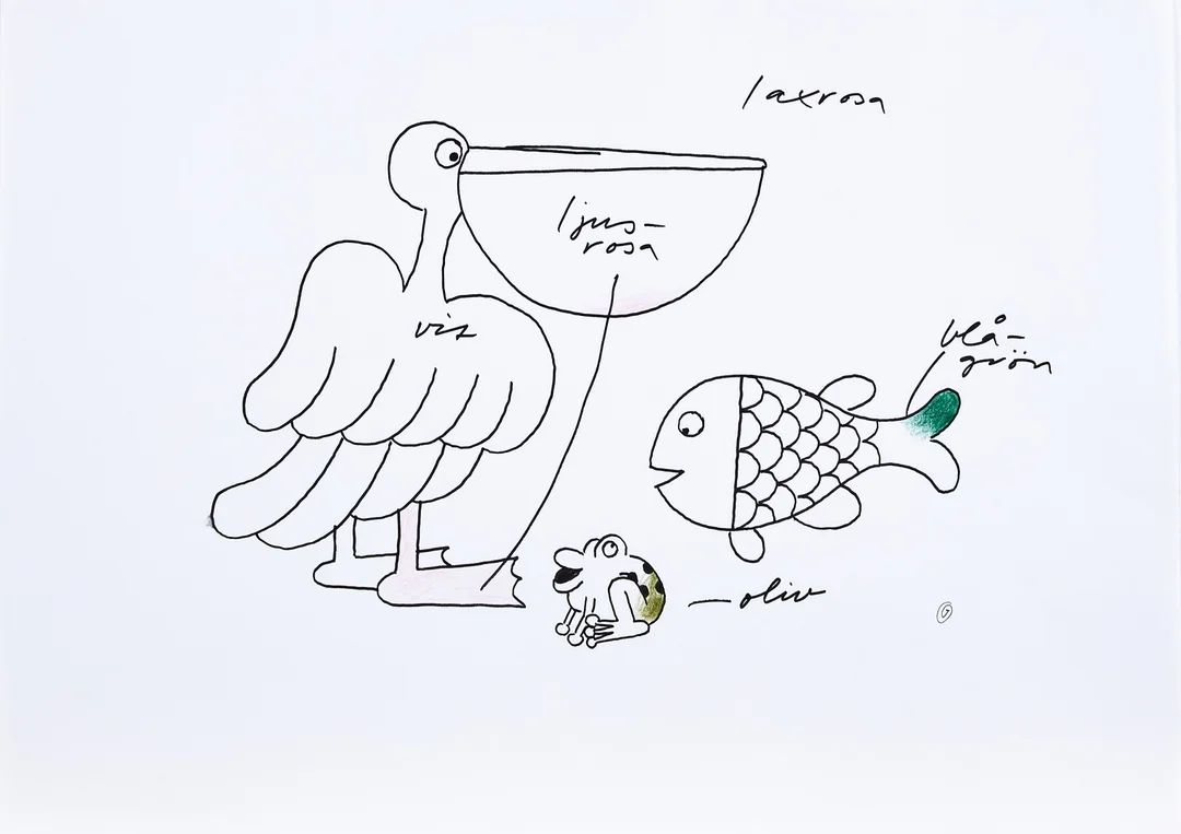 OWE GUSTAFSON. (Född 1940). Animationsskiss från serien Fem Myror är fler än Fyra Elefanter från 1973, monogramsignerad. — Drawings — Stockholms Auktionsverk Magasin 5