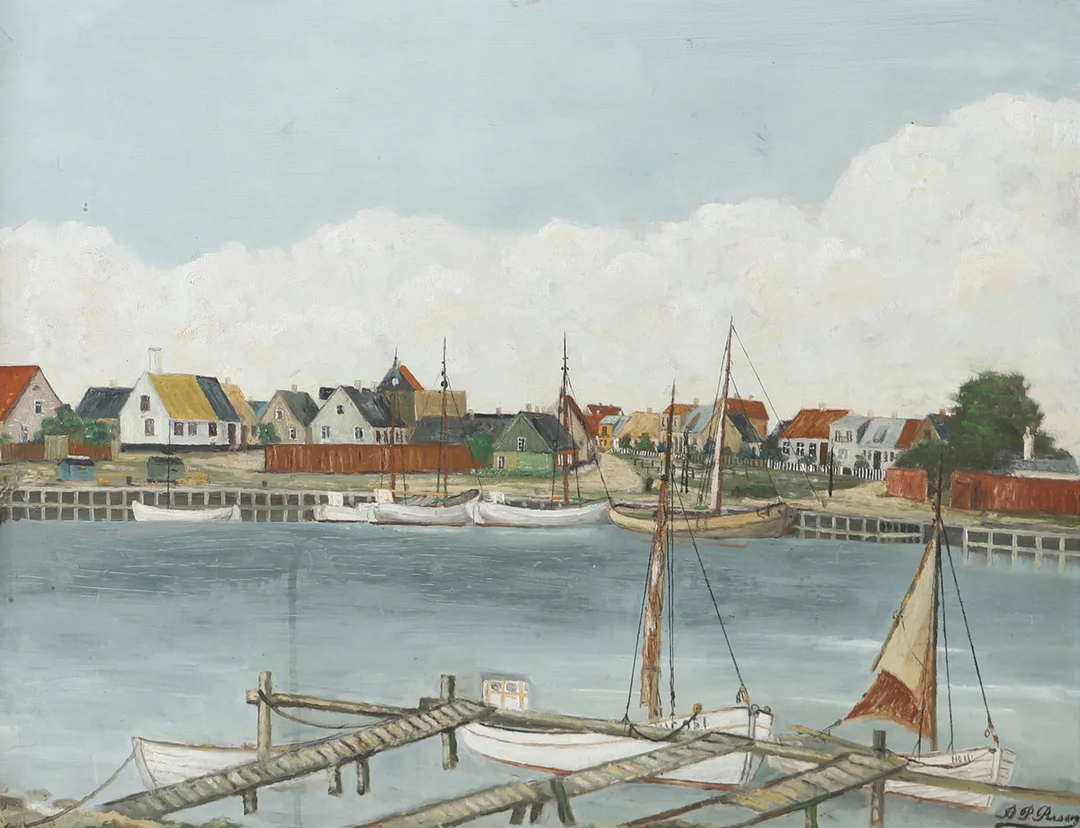 OIDENTIFIERAD KONSTNÄR. Hamnmotiv, olja på pannå, signerad A. P. Persson. — Paintings — Helsingborgs Auktionskammare
