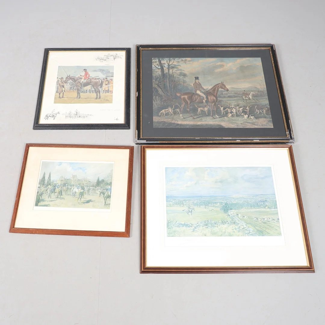LIONEL DALHOUSIE ROBERTSON EDWARDS (1878-1966). THE HEYTHROP - NEAR STOW ON THE WOLD; A 19TH CENTURY FRAMED ENGRAVING OF JOHN 'MAD JACK' MYTTON ON HORSEBACK WITH HIS HOUNDS, TWO OTHER SPORTING PRINTS (4). — Engravings & Prints — Lawrences Auctioneers