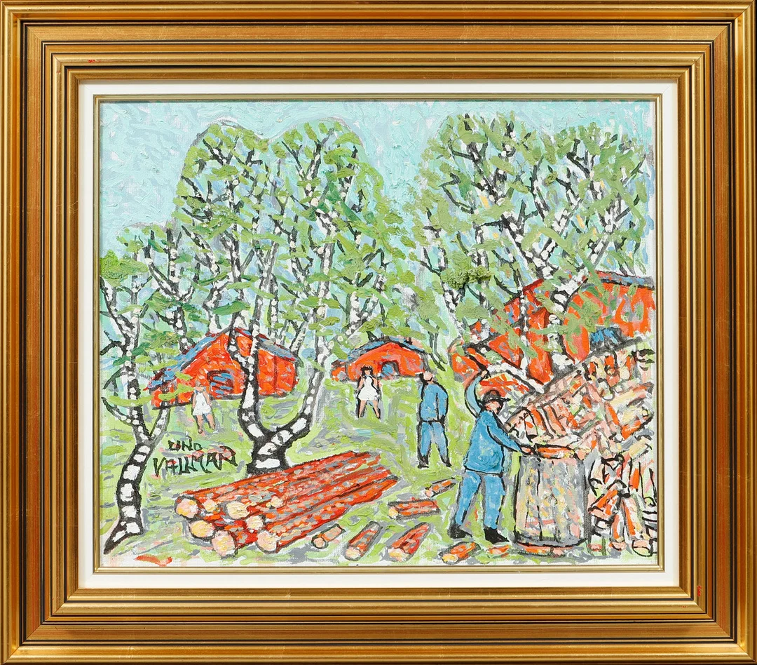 UNO VALLMAN. Timmerstockar och stugor i vårlandskap, olja på duk, signerad. — Paintings — Göteborgs Auktionsverk