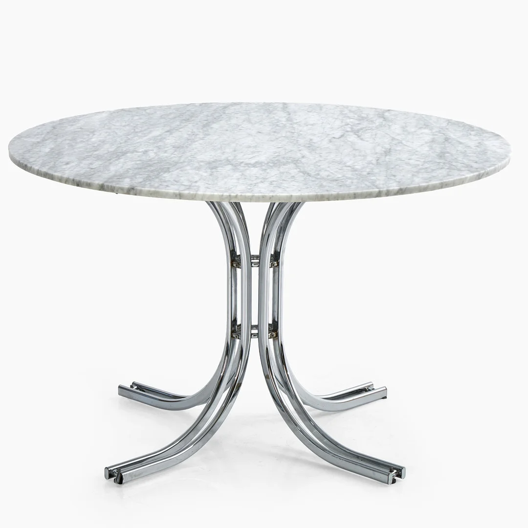 MATBORD, möjligen Gastone Rinaldi, benställning i förkromad metall, löstagbar skiva i marmor, Italien, 1960/70-tal. — Tables — Crafoord Auktioner Stockholm