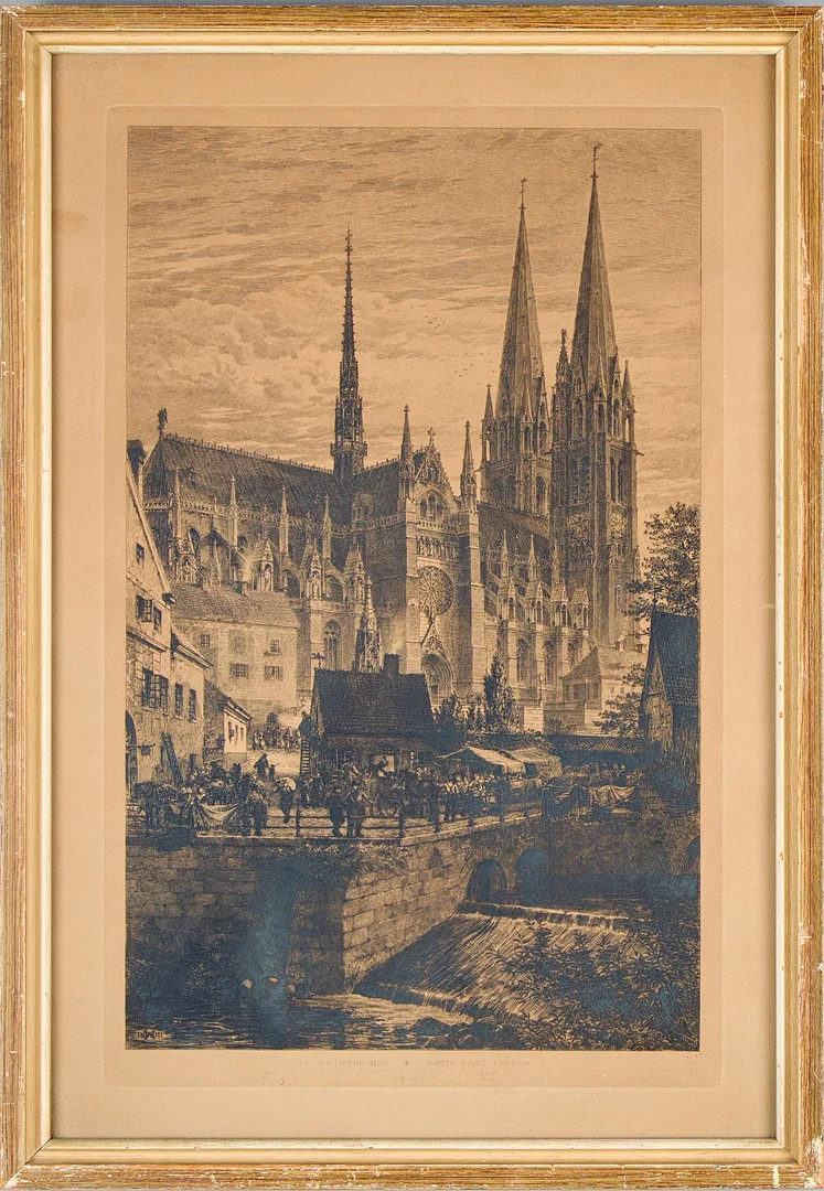 AXEL HERMAN HÄGG (1884-1966). "En framtidsbild: motiv från Uppsala", 1881, akvatintetsning, för Konstföreningen i Stockholm till sina ledamöter på föreningens 50:e årsdag den 14e januari 1882. — Engravings & Prints — Uppsala Auktionskammare