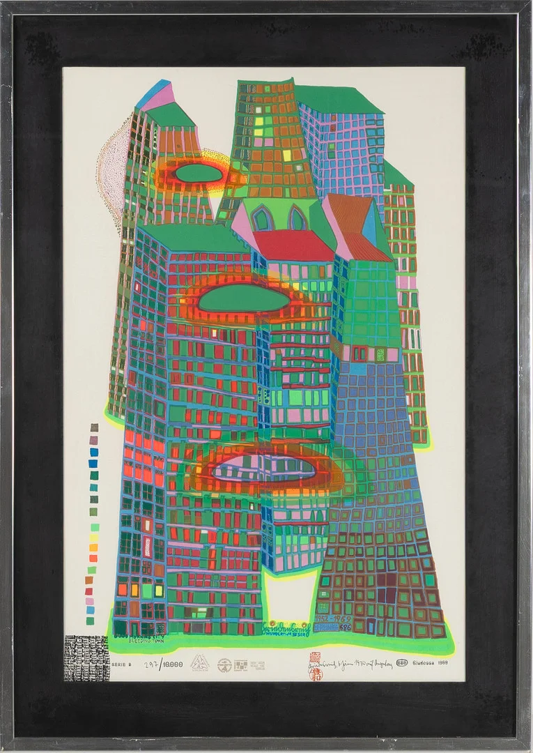 FRIEDENSREICH HUNDERTWASSER. "Good morning city, bleeding town", 1969-70. — Engravings & Prints — Stockholms Auktionsverk Helsingborg