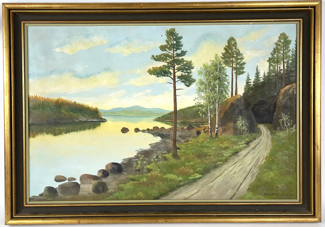 OIDENTIFIERAD KONSTNÄR. Landskapsmotiv, olja på duk, signerad & daterad A. Lagerström -1945. — Paintings — Roslagens Auktionsverk
