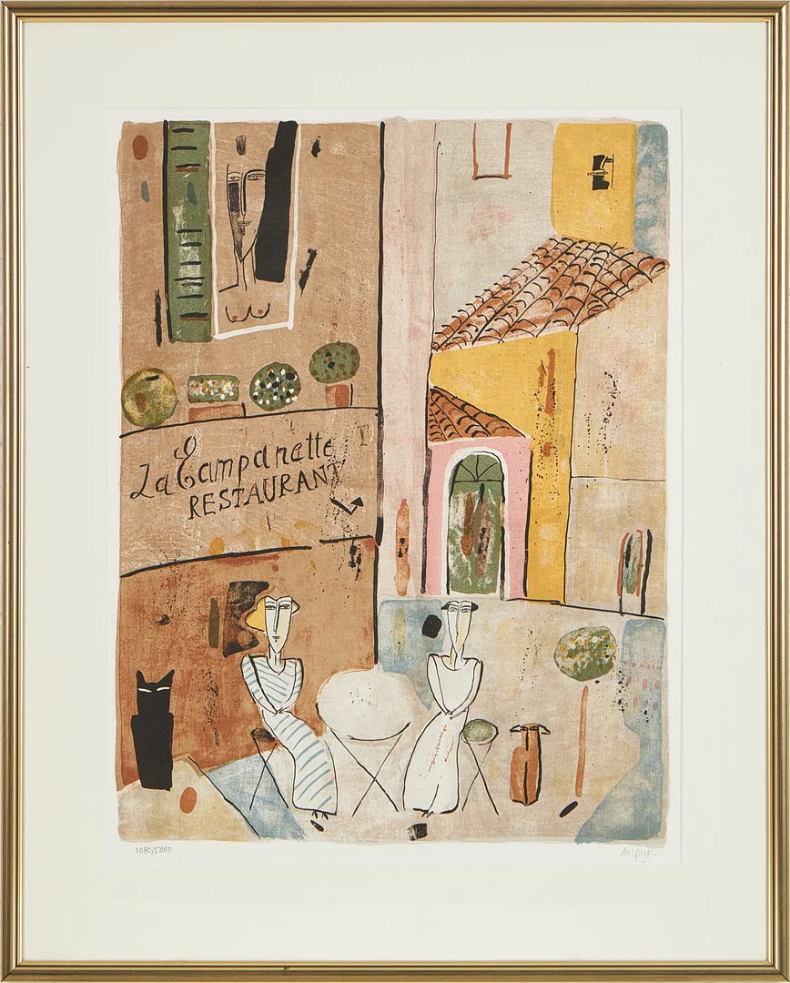 MADELEINE PYK. "Restaurang La Campanette", färglitografi, signerad och numrerad 1080/5000. — Engravings & Prints — Stockholms Auktionsverk Magasin 5