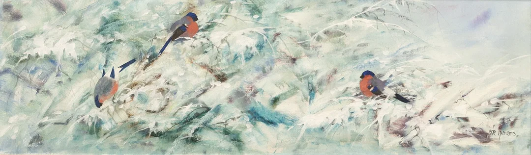 PÄR ÅKERED. Olja på duk, motiv med domherrar i vintrigt buskage. — Paintings — Karljohan Auktioner