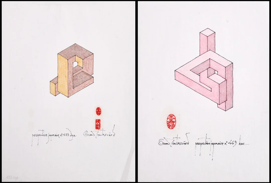 OSCAR REUTERSVÄRD (Sverige, 1915-2002), (2), "Perspective japonaise No 469 hac", "No 433 dga", signerade, tusch/färgkrita på vitt japanpapper. — Paintings — Crafoord Auktioner Stockholm