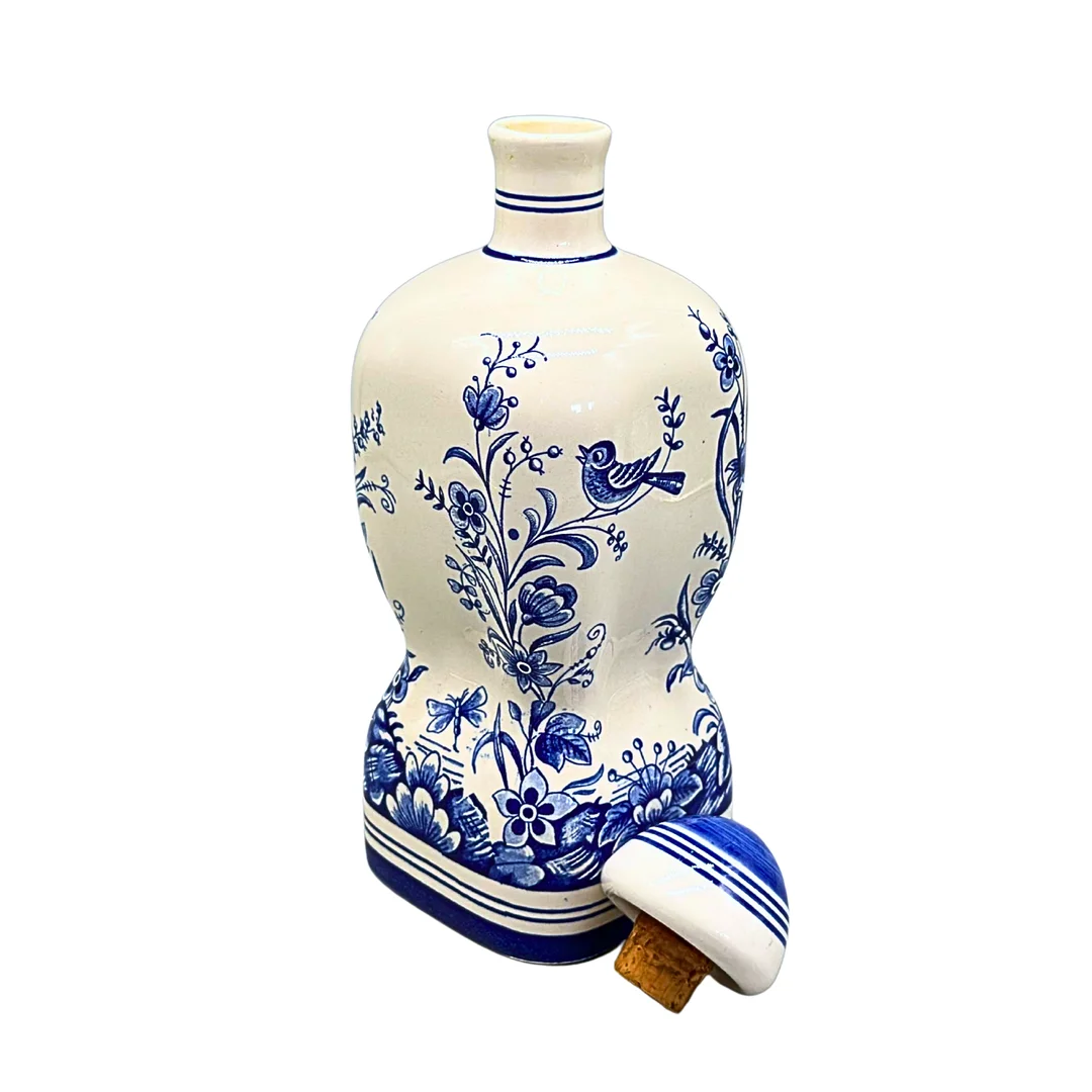 KERAMIKFLASCHE MIT KORKSTOPFEN UND BLAUEM VOGELDEKOR. — European — Auktionshaus Stuber's Hammerschlag