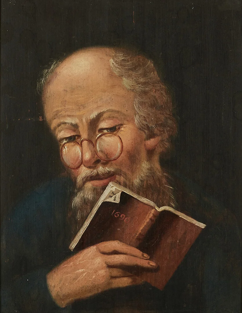 OKÄND KONSTNÄR. Porträtt av läsande man, olja/blandteknik på pannå. — Paintings — Crafoord Auktioner Stockholm