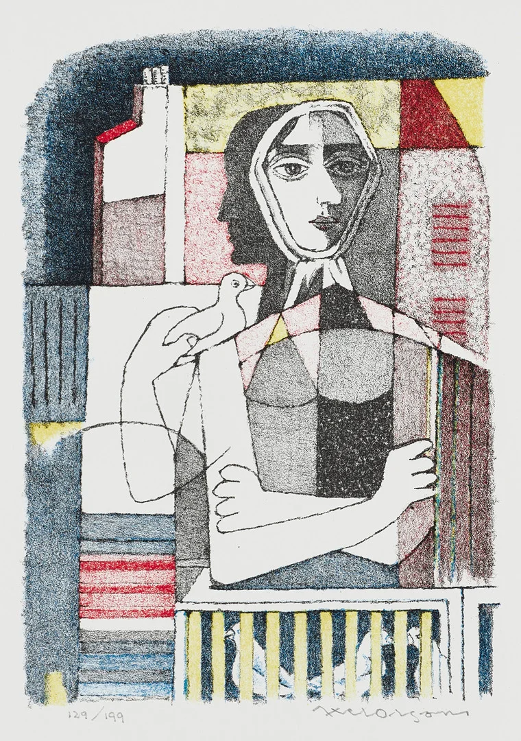 AXEL OLSON (1919-2001, Halmstadgruppen), ”Kvinna och fågel”, signerad och numrerad 129/199, litografi. — Engravings & Prints — Crafoord Auktioner Stockholm