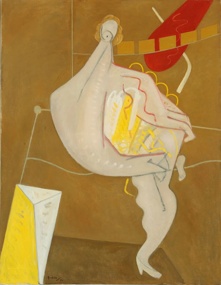 Wilhelm Freddie: “Fornem dame i sit boudoir”, 1983. Signed Freddie 83. Oil on canvas. 100×81 cm. — Modern Paintings/Modern art — Bruun Rasmussen
