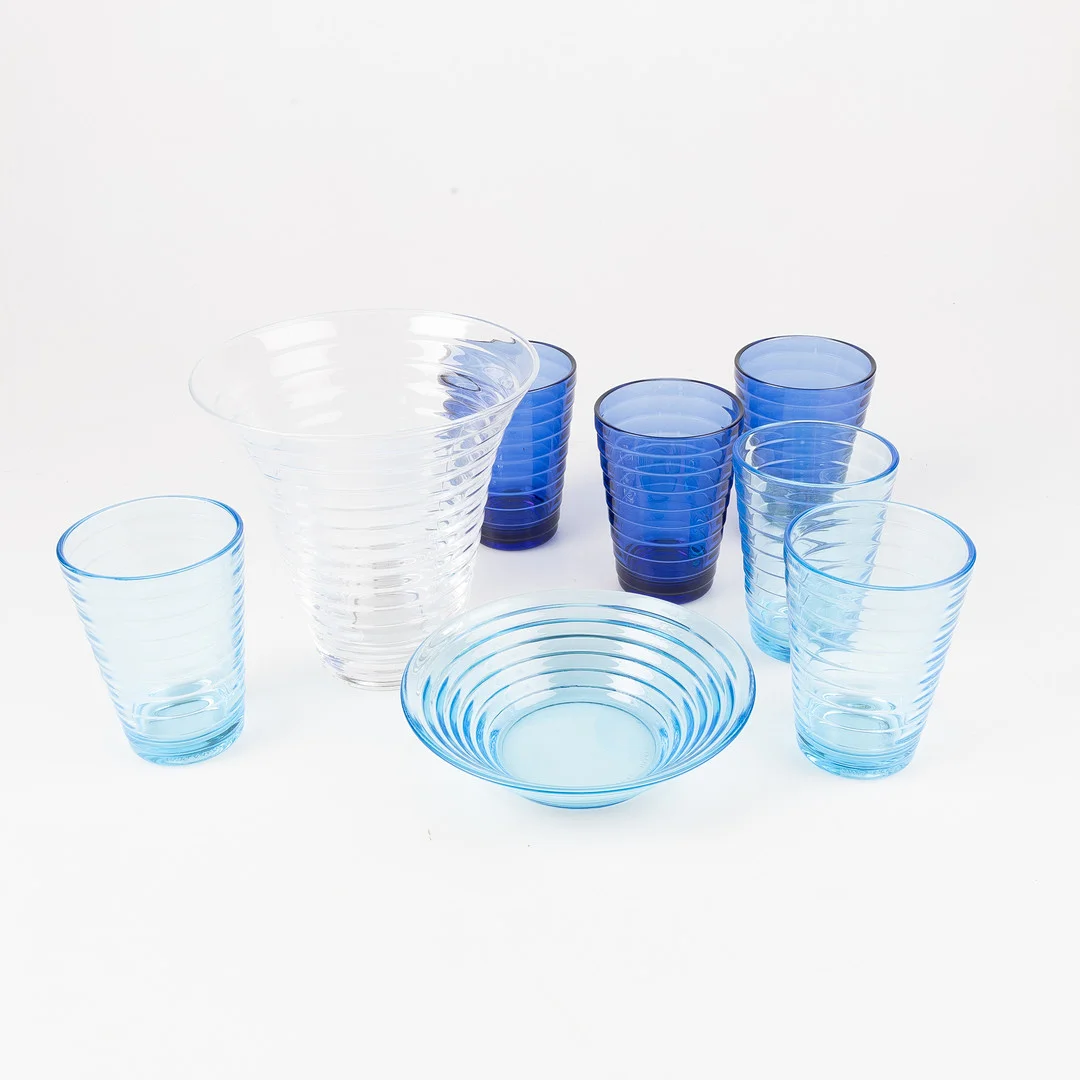 AINO AALTO. "Bölgeblick", 8 delar, glas, Iittala, Finland. — Utility glass — Stockholms Auktionsverk Helsingborg