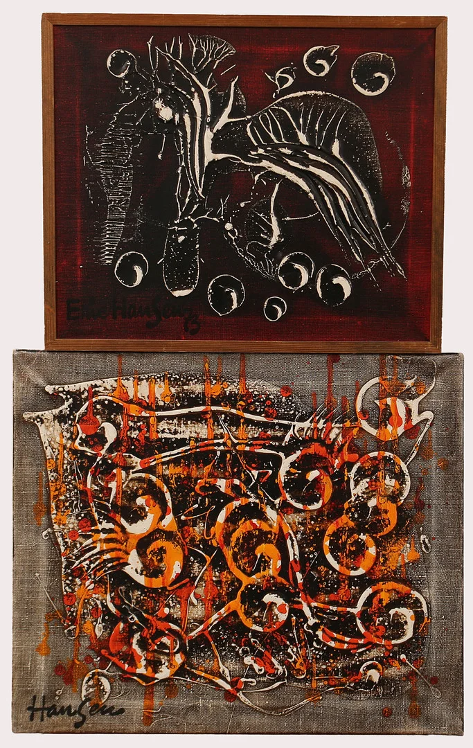 ERIC HANSEN. Akryl på duk, "Solen kysser havet", "Korall", signerade, 2 stycken. — Paintings — Limhamns Auktionsbyrå