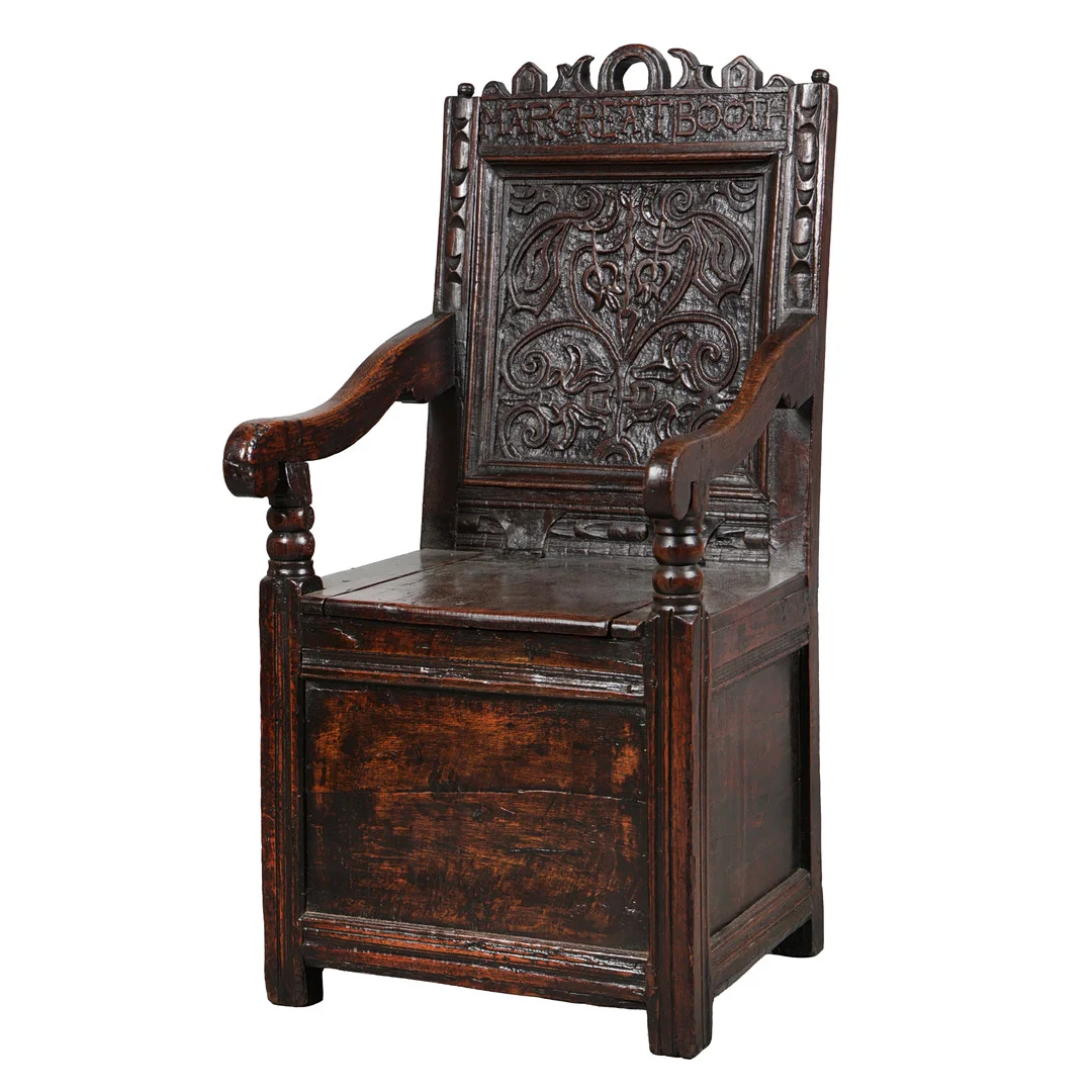 A SUPERB 17TH CENTURY CARVED OAK BOX SEATED ARMCHAIR, CUMBRIA. — Armchairs & Chairs — Bishop & Miller