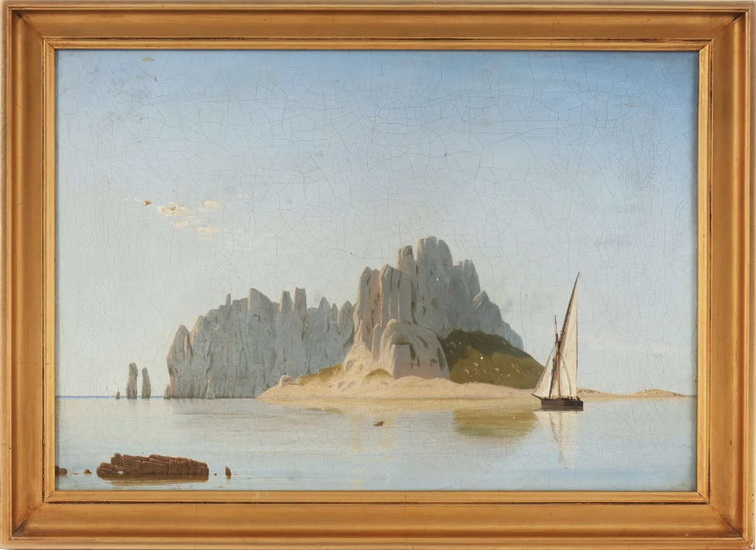 Unknown artist, 19th century: Ship off a rocky island — Paintings and sculptures/Older pictorial arts — Lauritz