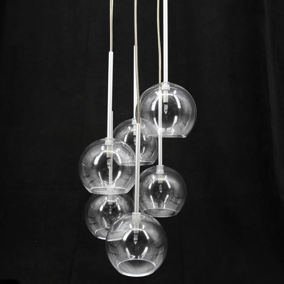 TAKLAMPA, takfäste med sex hängande glaskupor, Søberg Lystek, Danmark, 1990-2000 tal. — Ceiling lights — Höganäs Auktionsverk