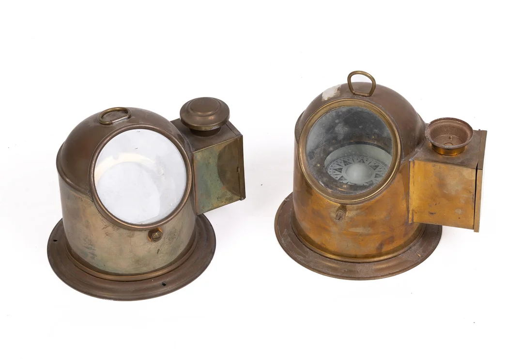 TWO BRASS CASED SHIP'S BINNACLE COMPASSES. — Technica & Nautica — Griffin’s Auctioneers