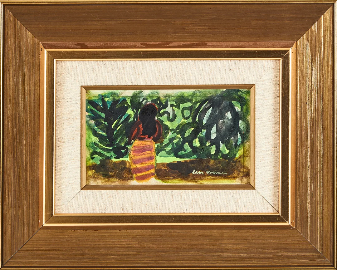 LARS NORRMAN. Kvinna i grönska, signerad, gouache på pannå. — Paintings — Stockholms Auktionsverk Magasin 5