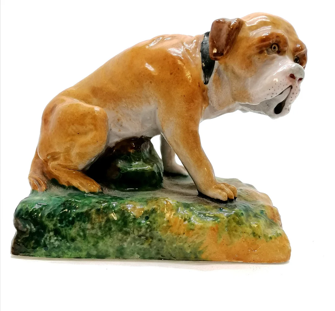 HAND PAINTED FRENCH CERAMIC DOG BY JACOB PETIT. — European — Acreman St Auctioneers & Valuers
