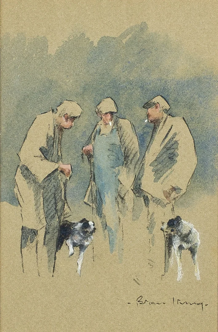 BRIAN IRVING (1931-2013). BRIAN IRVING (BRITISH, 1931-2013), FARMERS AND THEIR DOGS, WATERCOLOUR WASH ON PAPER. — Paintings — Griffin’s Auctioneers