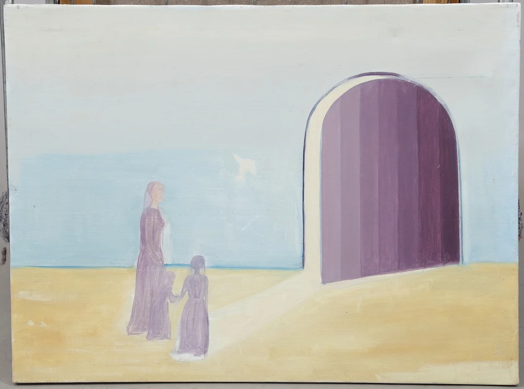 CHRISTIN OHLIN (1946-2025). Figurer vid port, olja på duk. — Paintings — Växjö Auktionskammare