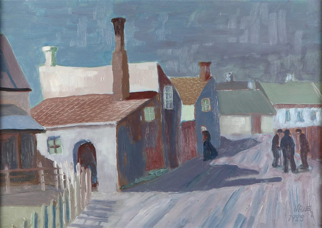WALFRID WALE JÖNSSON. Oljemålning på pannå. "S:t Görand gränd (Skitta strädet)". Signerad Wale 1923. — Paintings — Skånes Auktionsverk